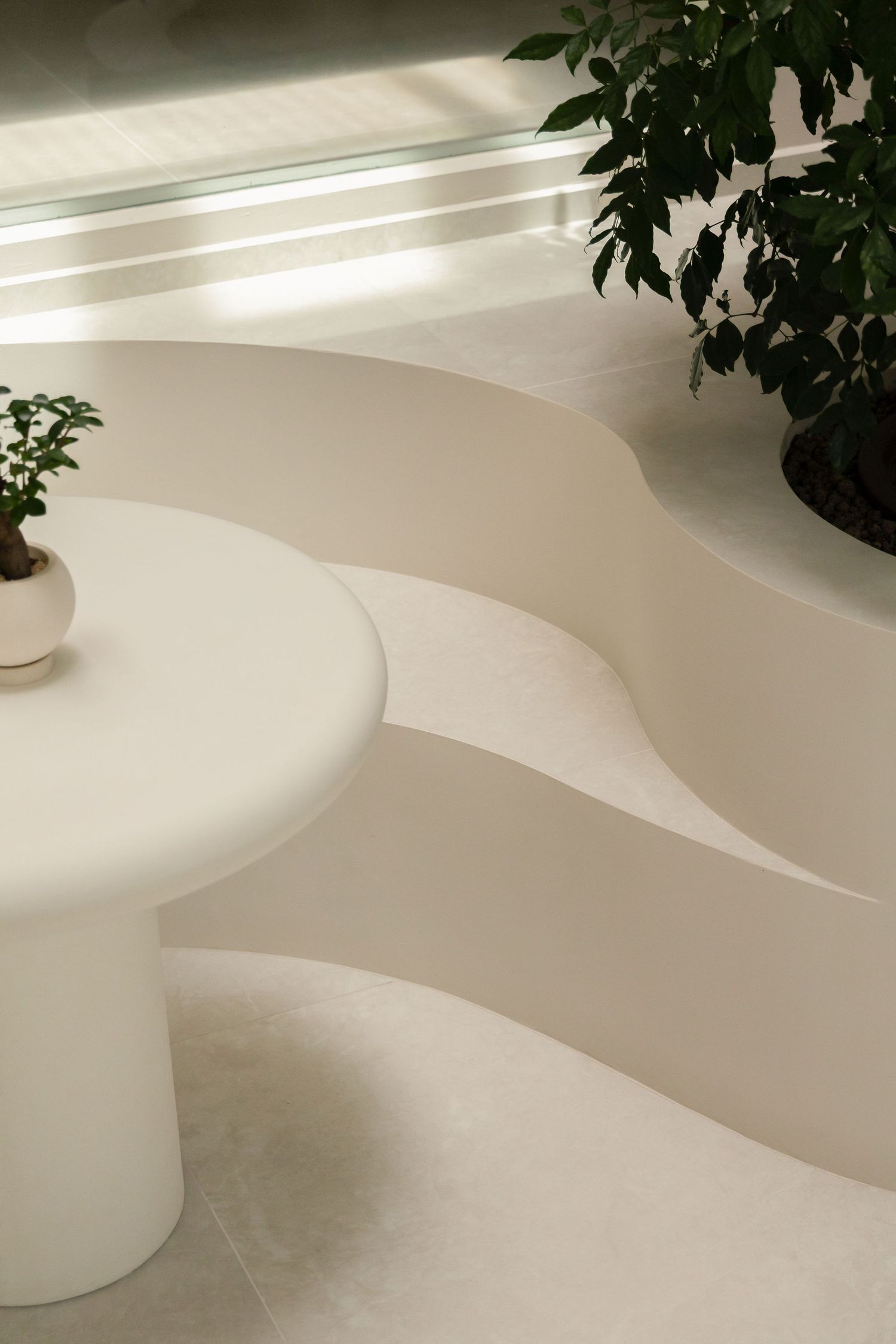 Minimalist white curved seating with a round table, small bonsai plant, and lush green foliage in a sunlit modern interior.