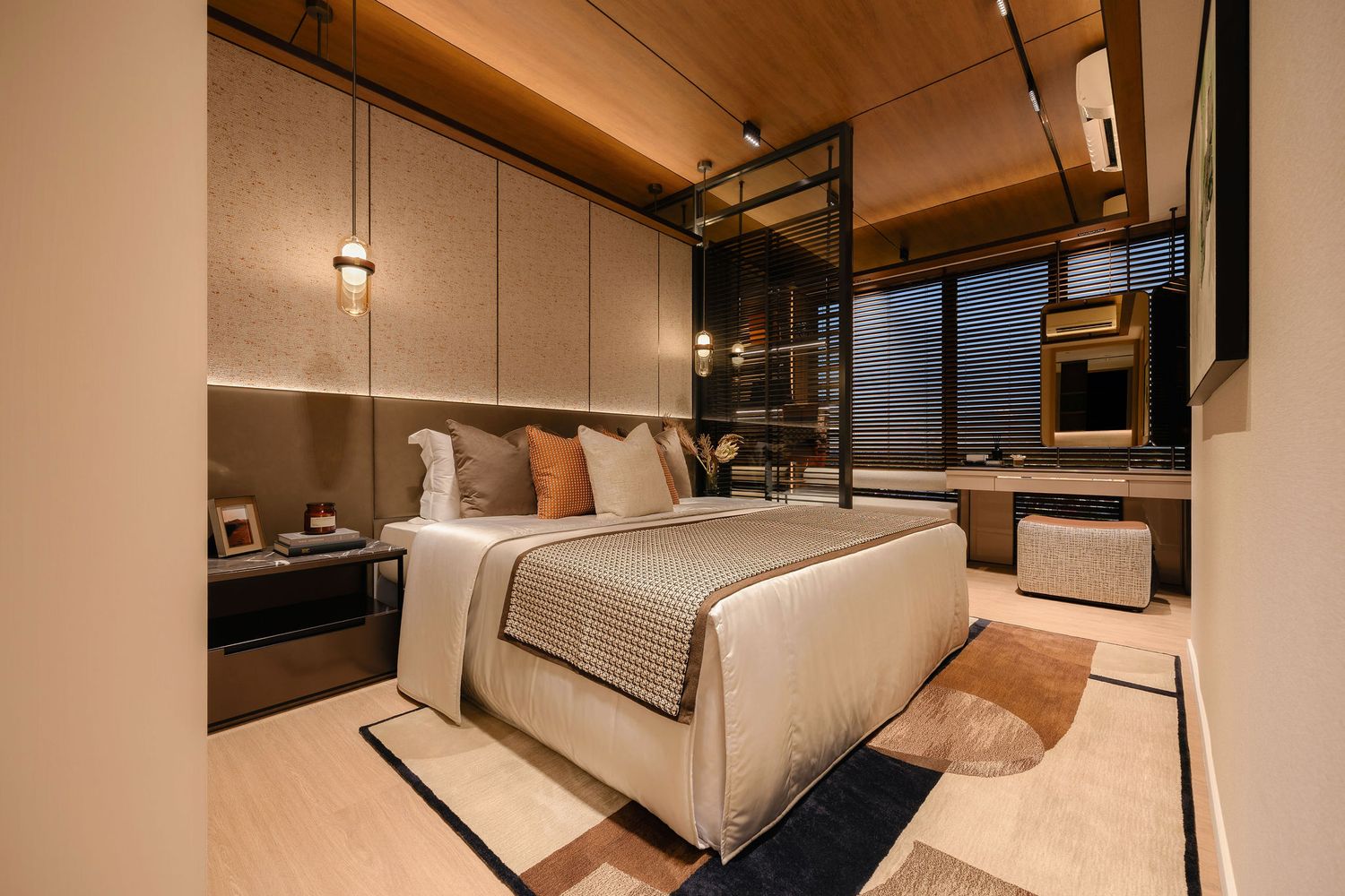 Modern bedroom with a king bed, beige bedding, wood paneled ceiling, glass partition, bedside tables, and floor-to-ceiling windows.