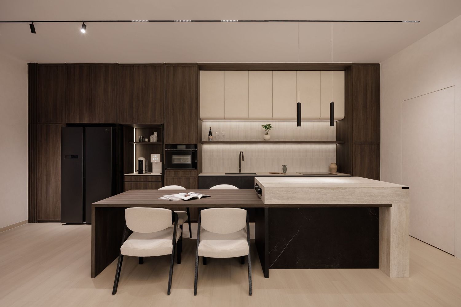 Modern minimalist bedroom interior with white walls, dark wood accents, and clean lines showcases contemporary design.