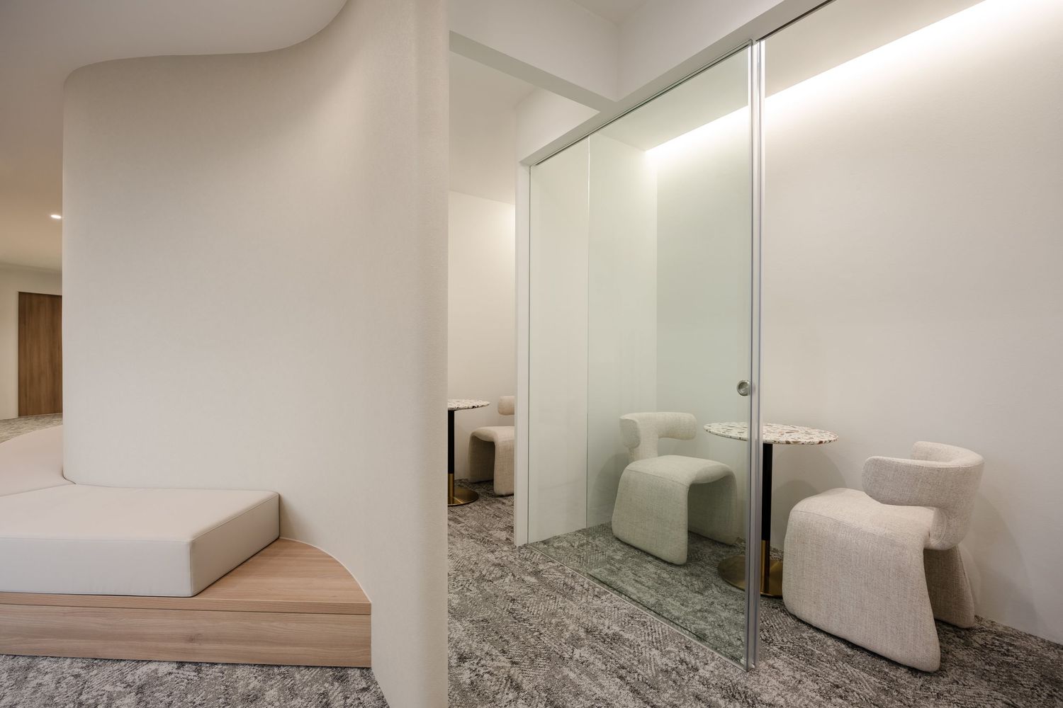 Minimalist white hallway with glass partitions, wooden flooring, and recessed lighting creating a modern interior space.