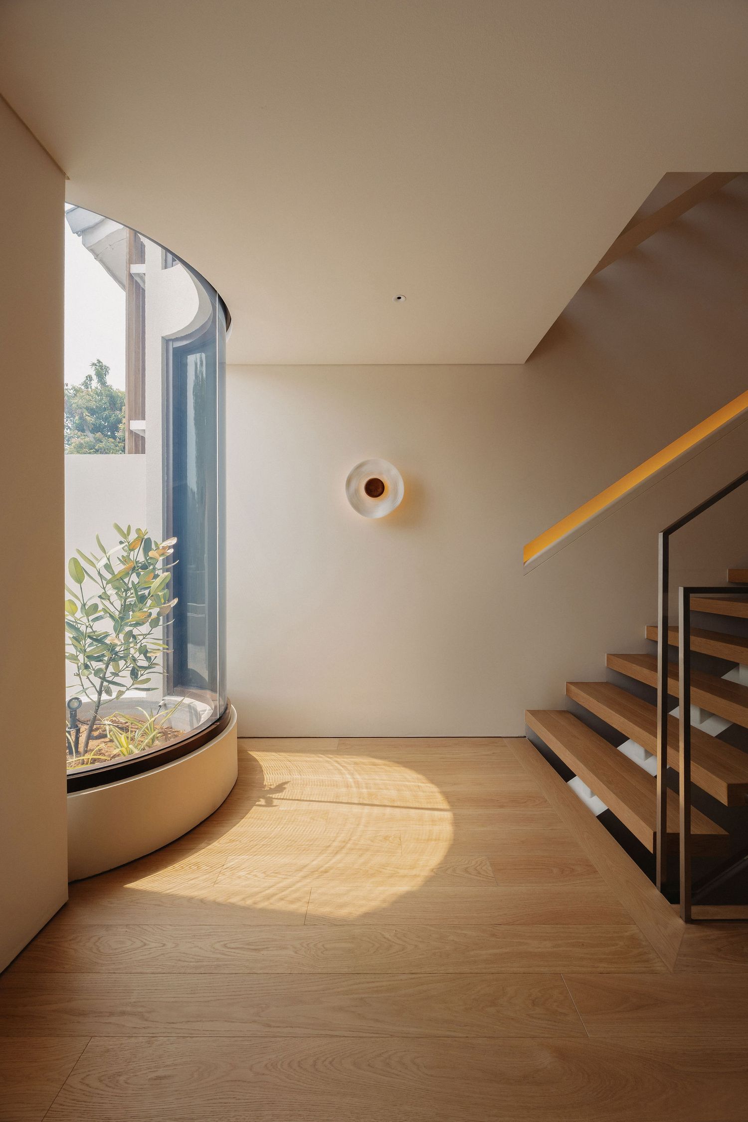 Modern interior with curved glass atrium, wooden staircase, light wood floors, and circular wall sconce bathed in natural sunlight.