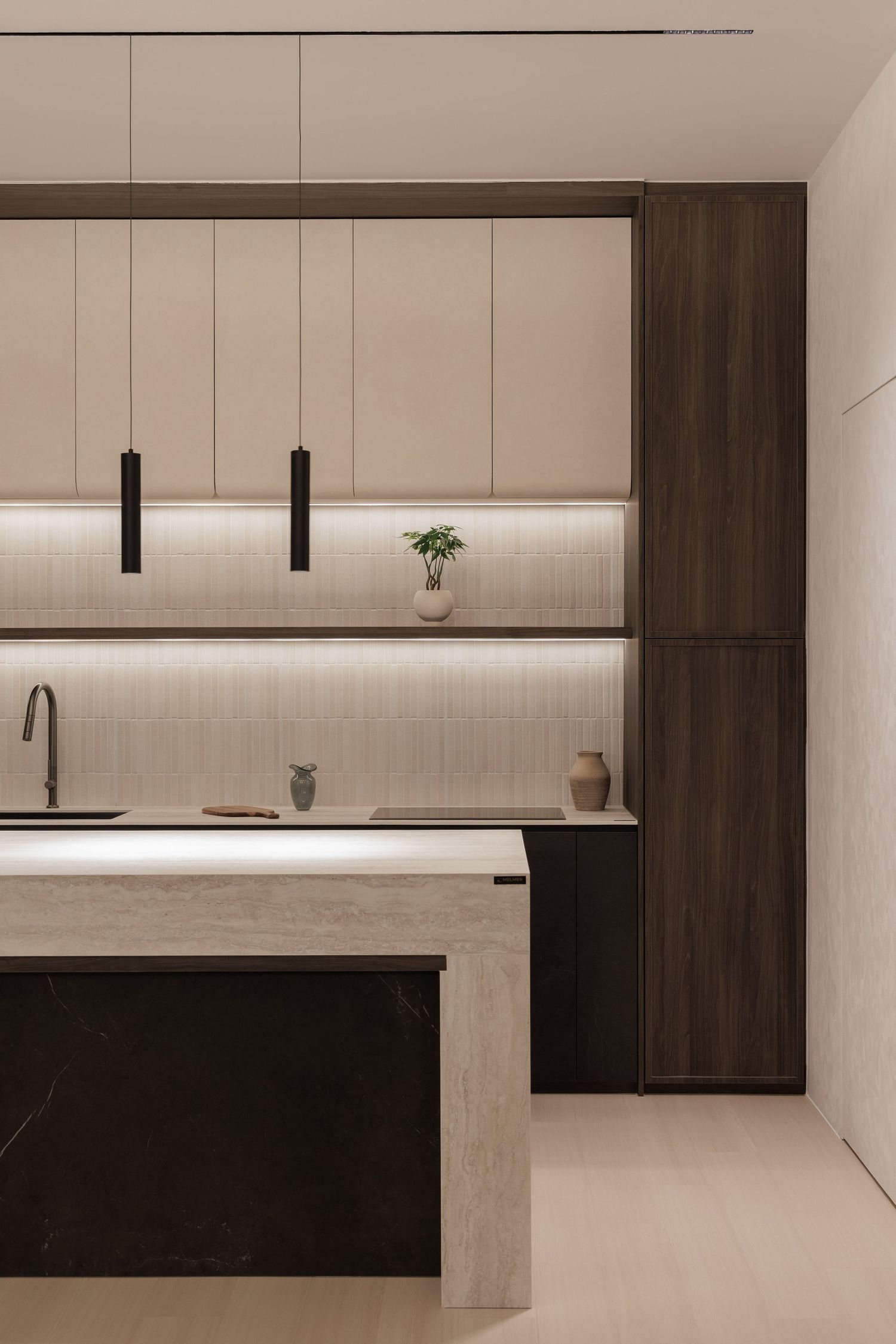 Modern minimalist kitchen design with dark wood cabinets and white walls featuring sleek pendant lighting and clean lines.