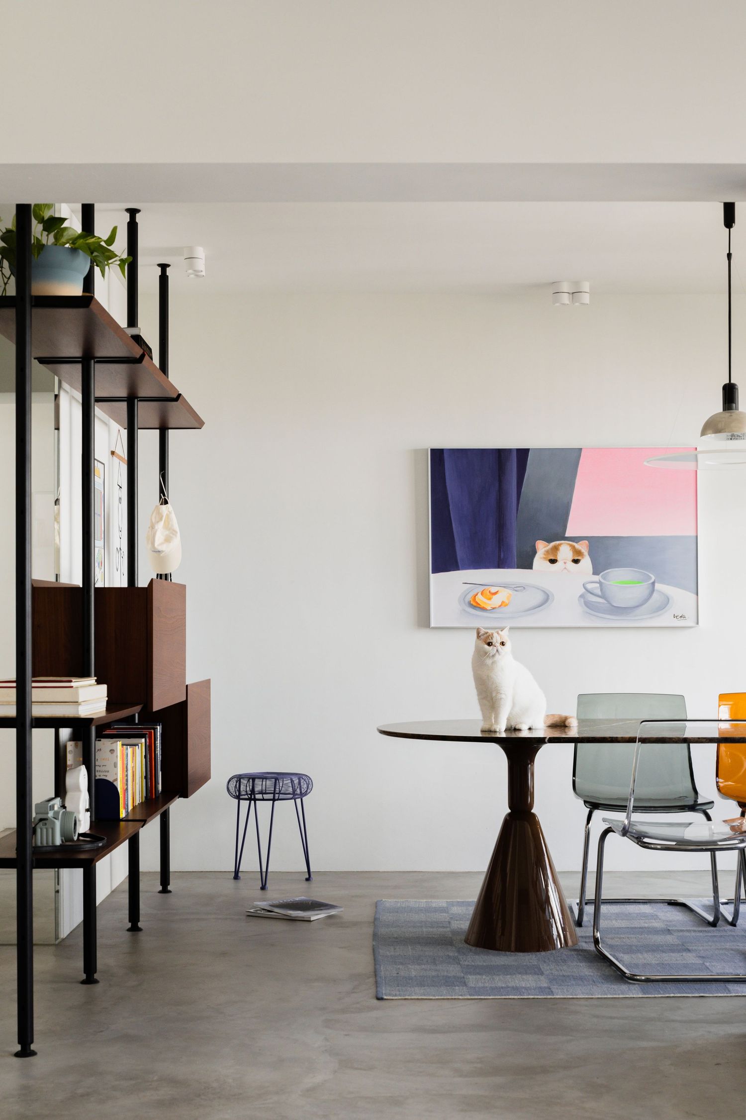 A white cat lounging on modern furniture in a minimalist space with clean lines and industrial shelving elements.