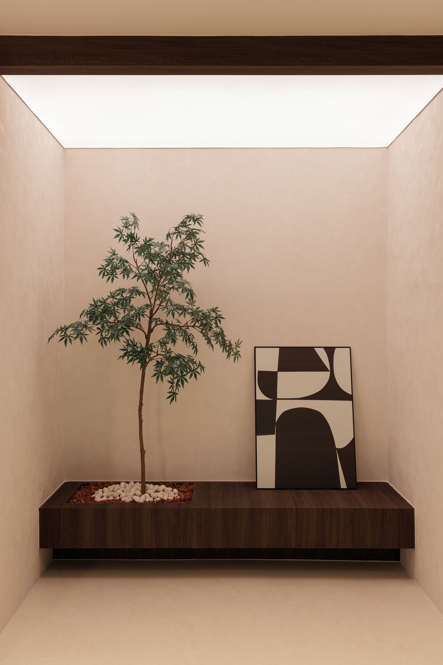 Minimalist interior design progression showing a floating wooden shelf with decorative plants and abstract artwork.
