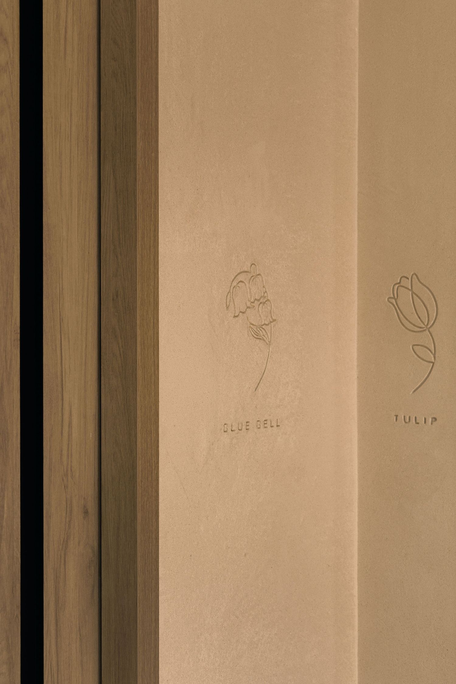 Minimalist beige wall with embossed floral line art illustrations labeled Blue Bell and Tulip beside wooden door frame.