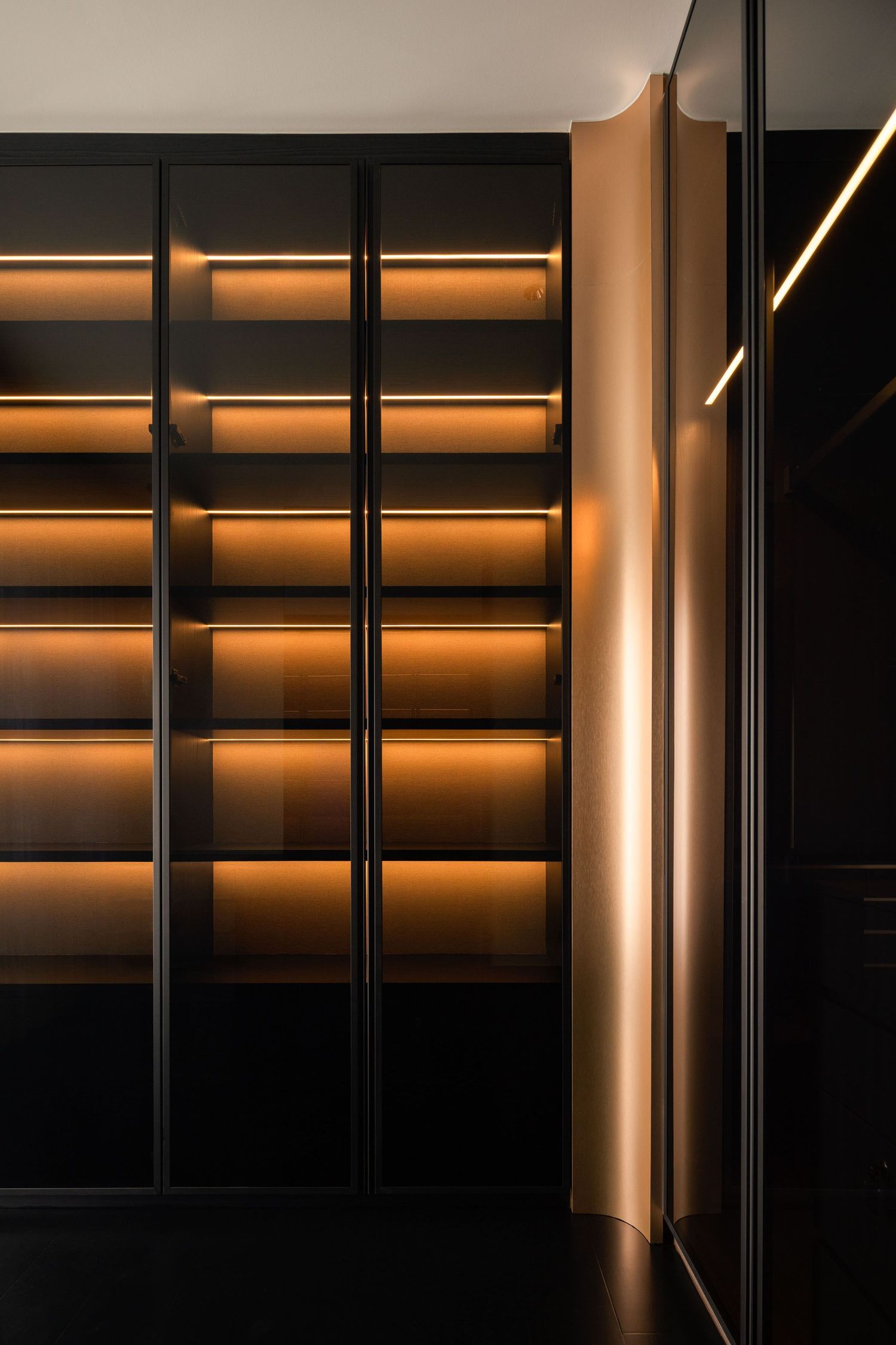 Luxury dark bookcase with warm amber LED shelf lighting and elegant rose gold curved panel accent in modern interior.