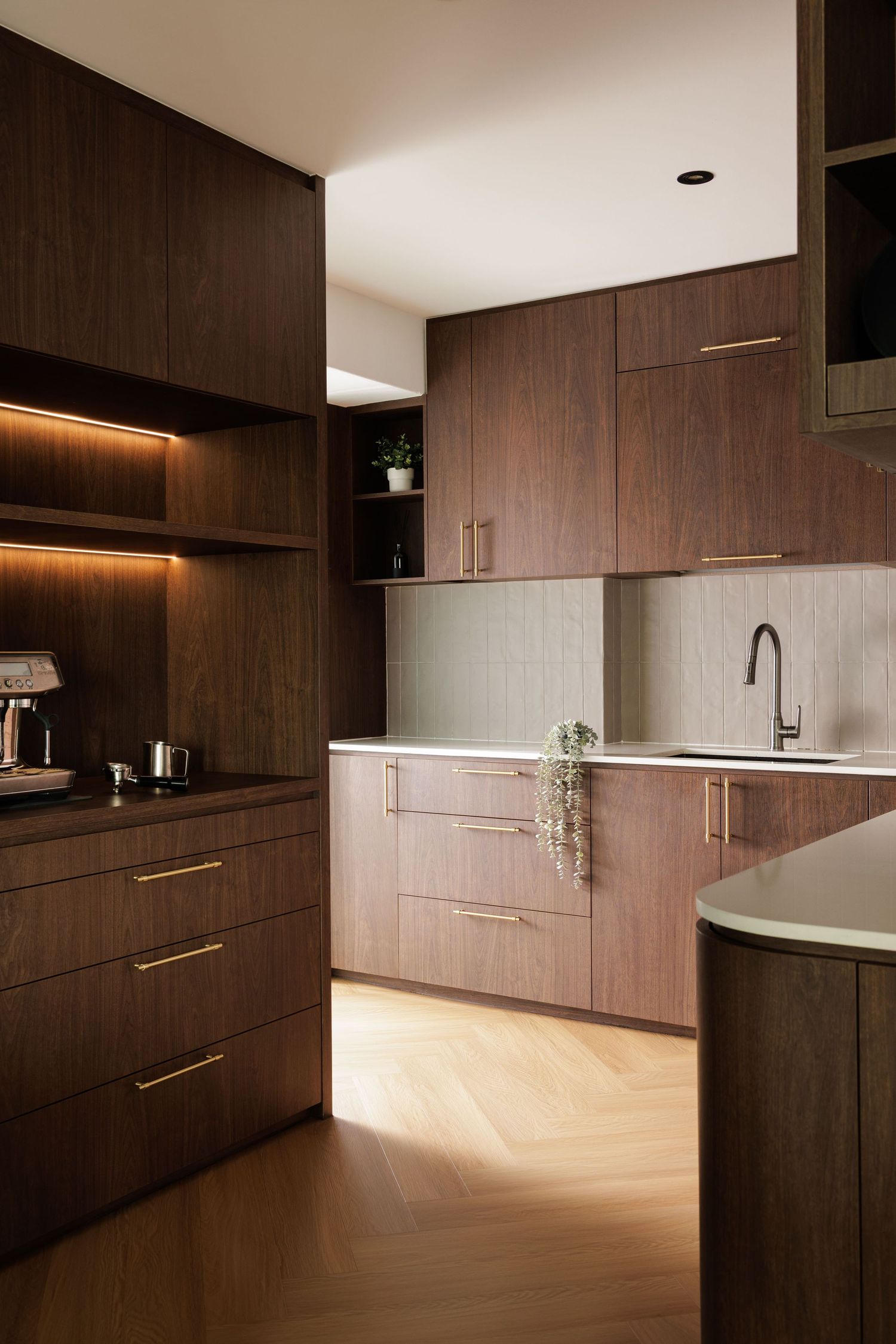 Modern kitchen interior with sleek dark wood cabinets, minimalist design, and warm accent lighting.