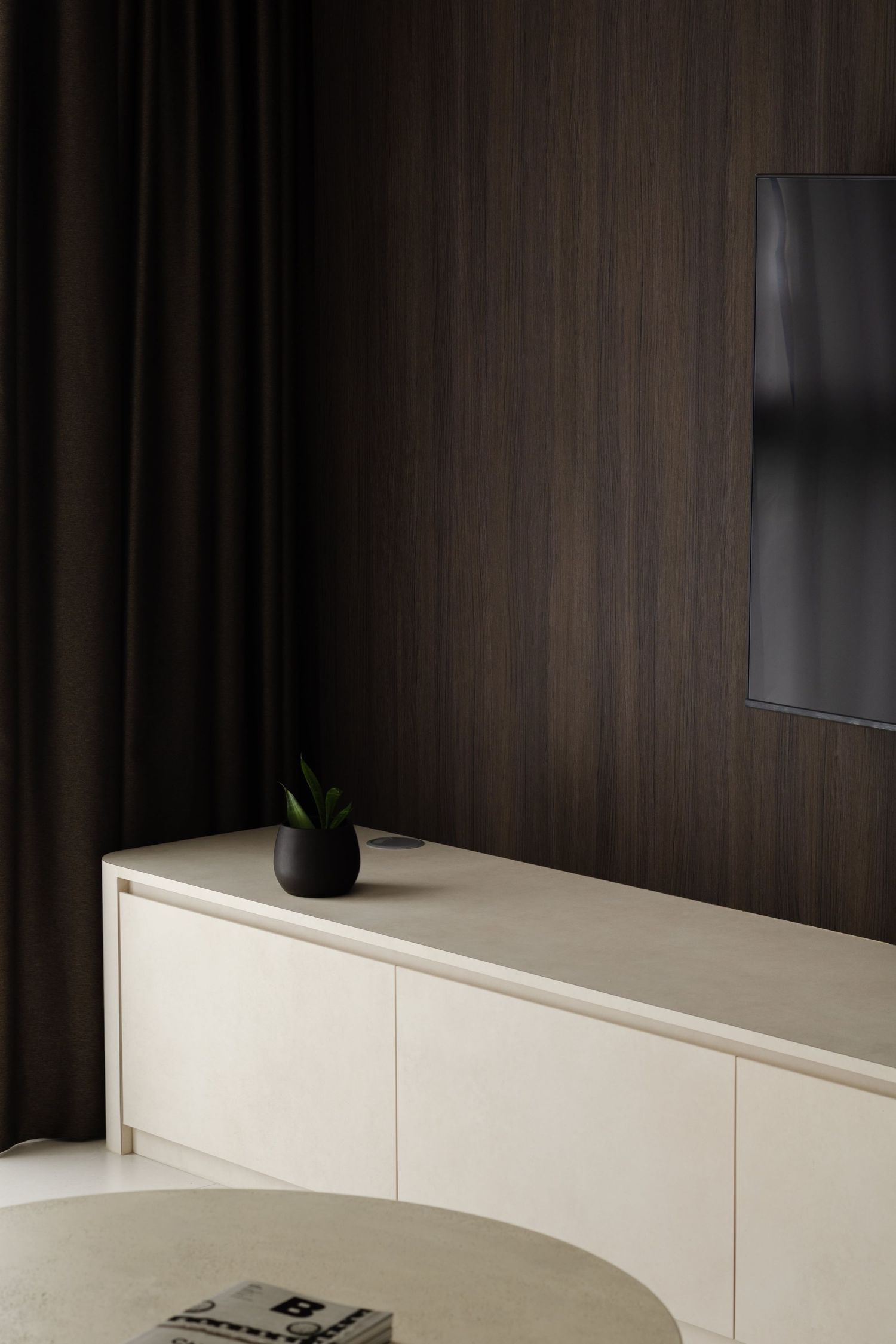 Minimalist interior design with white credenza, dark wood wall paneling, small potted plant and mounted TV screen.