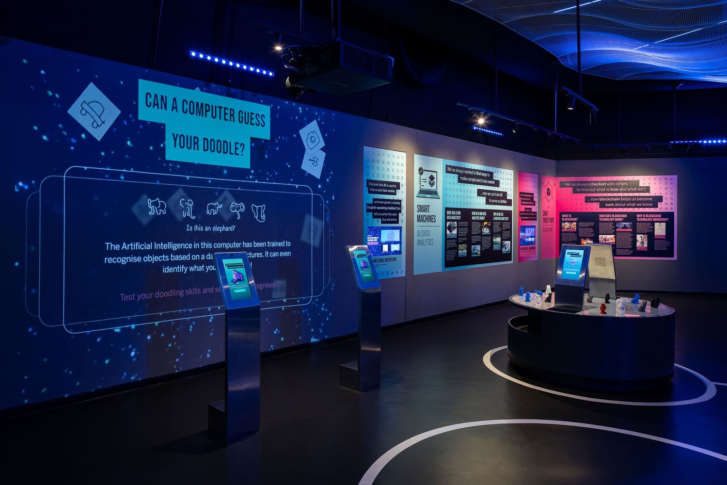 Interactive AI museum exhibit with blue neon displays asking 'Can a Computer Guess Your Doodle?' with kiosks and digital walls.