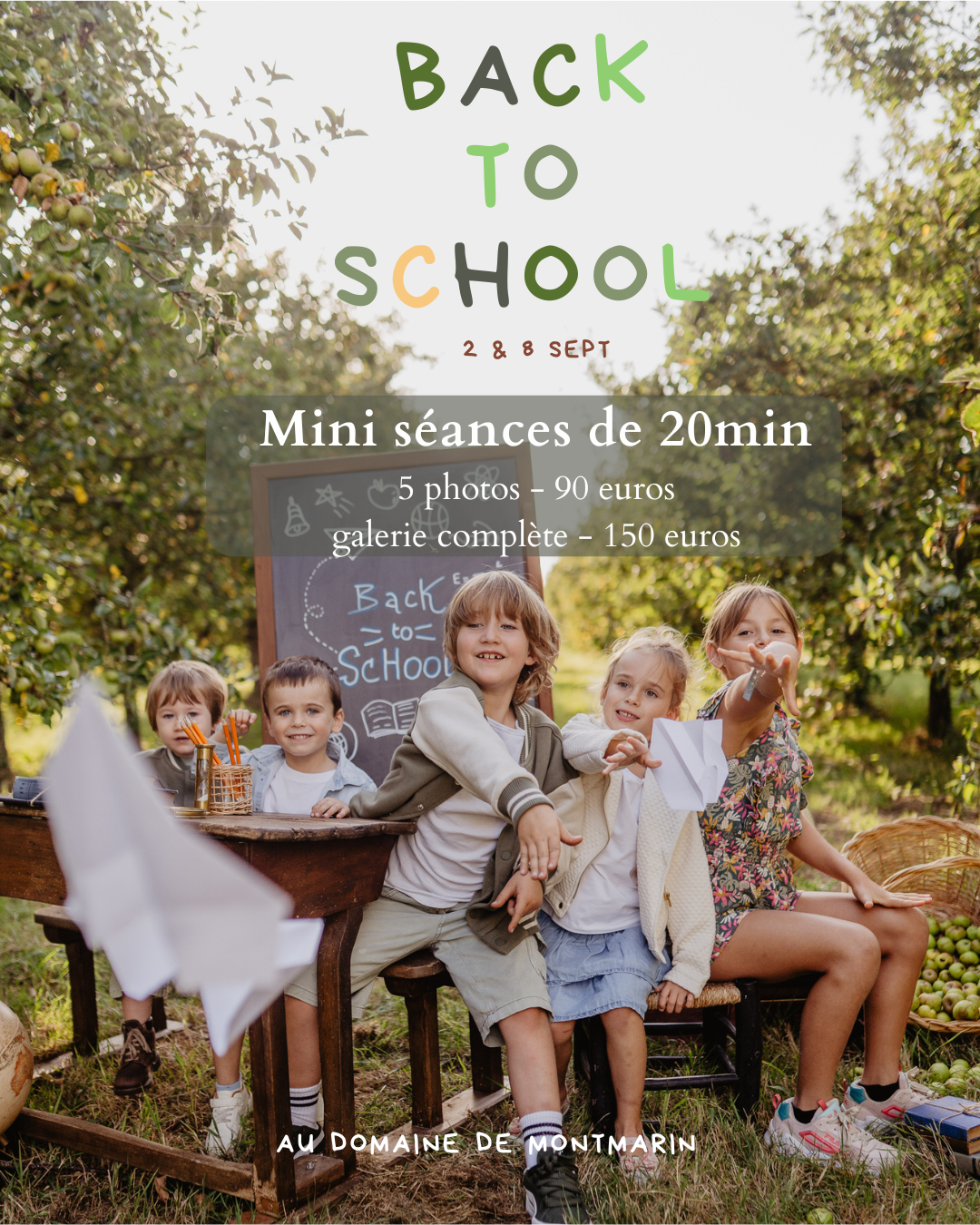 Back to School mini photo sessions promo showing children gathered outdoors in an orchard setting on Sept 2 and 8.
