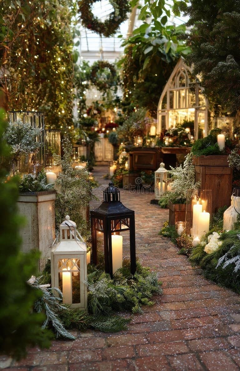 Enchanting garden pathway with glowing candle lanterns, evergreen plants, and fairy lights creating a magical holiday atmosphere.