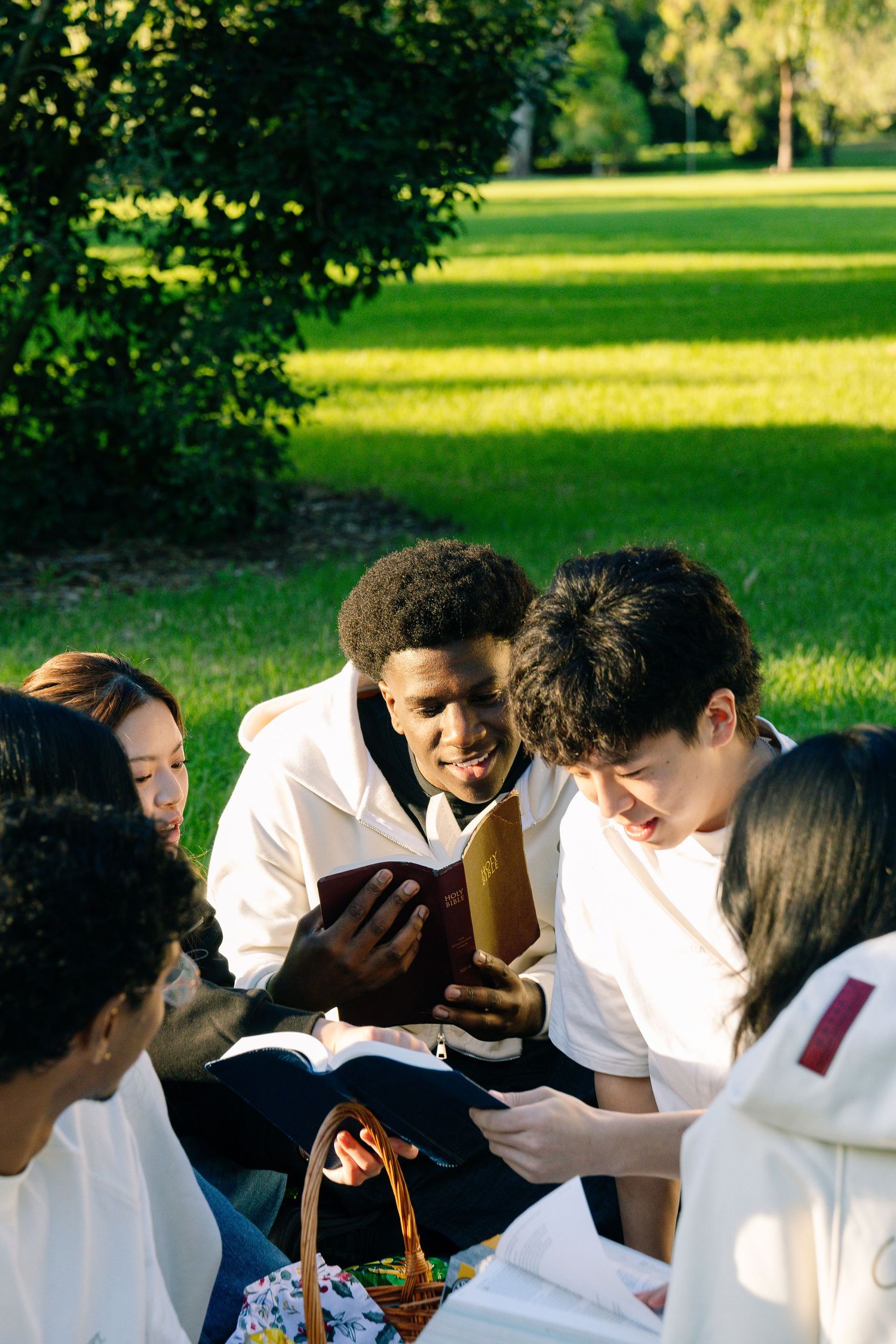 Diverse group of young people in white outfits reading books together on grass in sunny park.