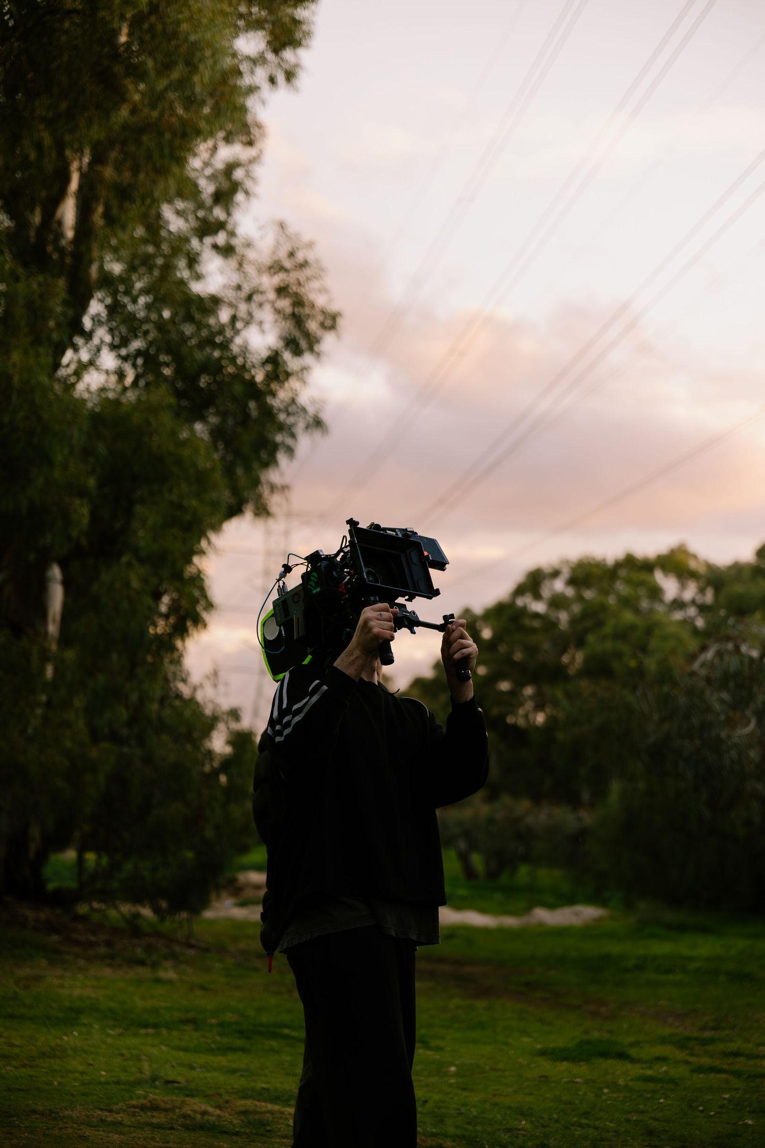 Filmmaker operating a professional video camera outdoors at dusk with trees and power lines in background.