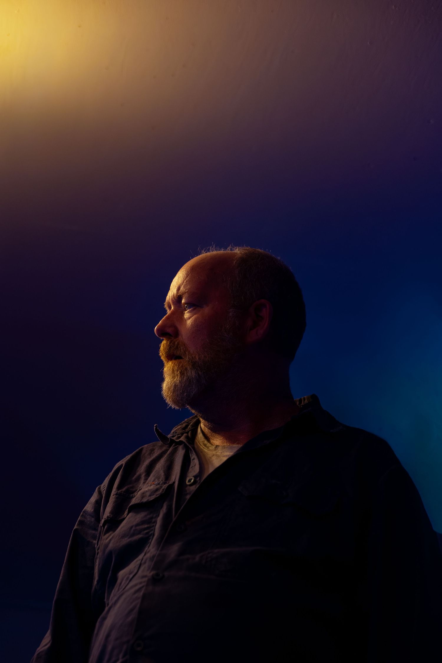 Side profile of a bearded bald man lit by warm golden light against a blue gradient background.