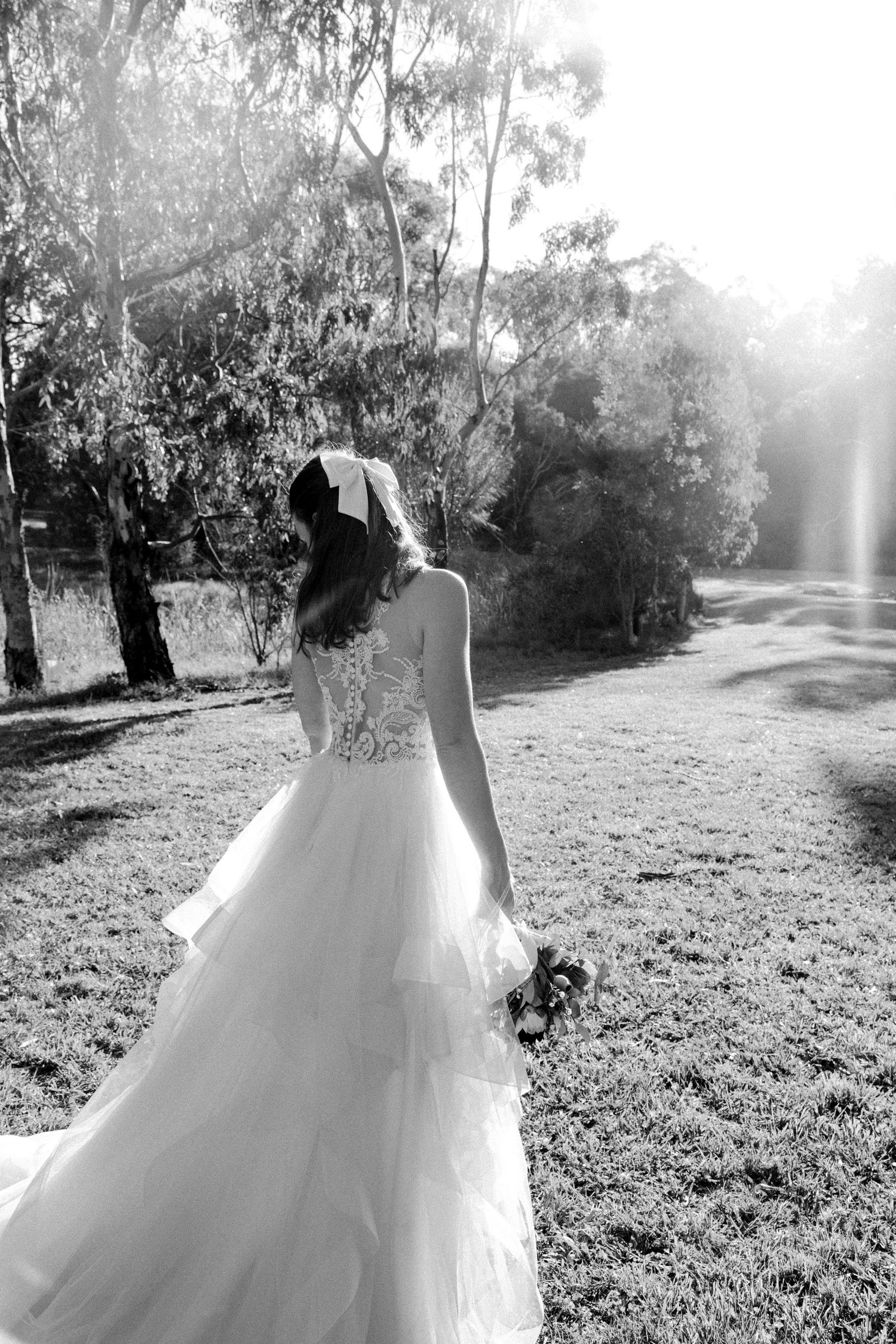 Black and white backlit portrait of bride in layered tulle gown with lace back and bow, standing in sunlit park.
