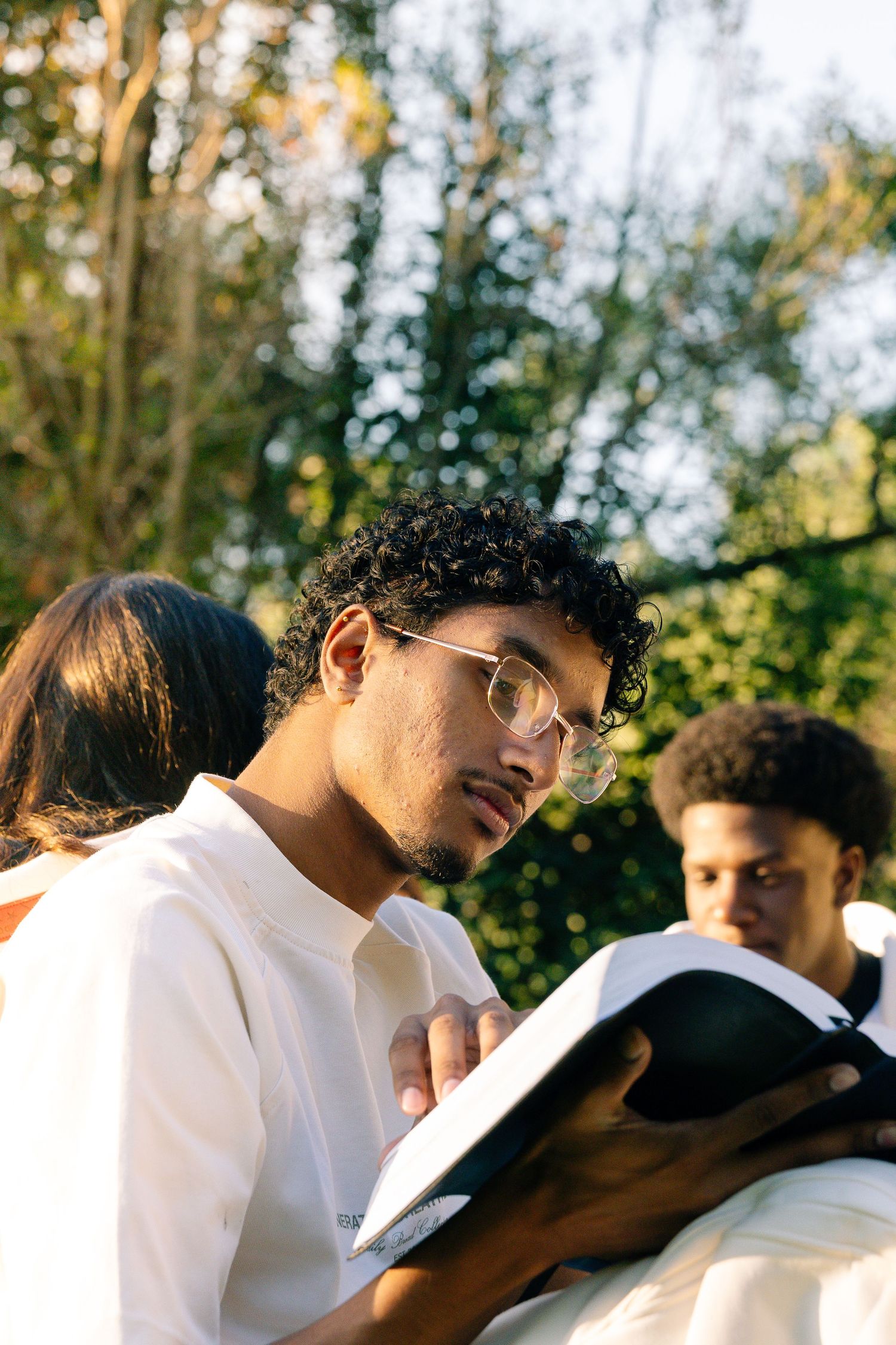 Young man with curly hair and glasses reading book outdoors in sunlit park setting.