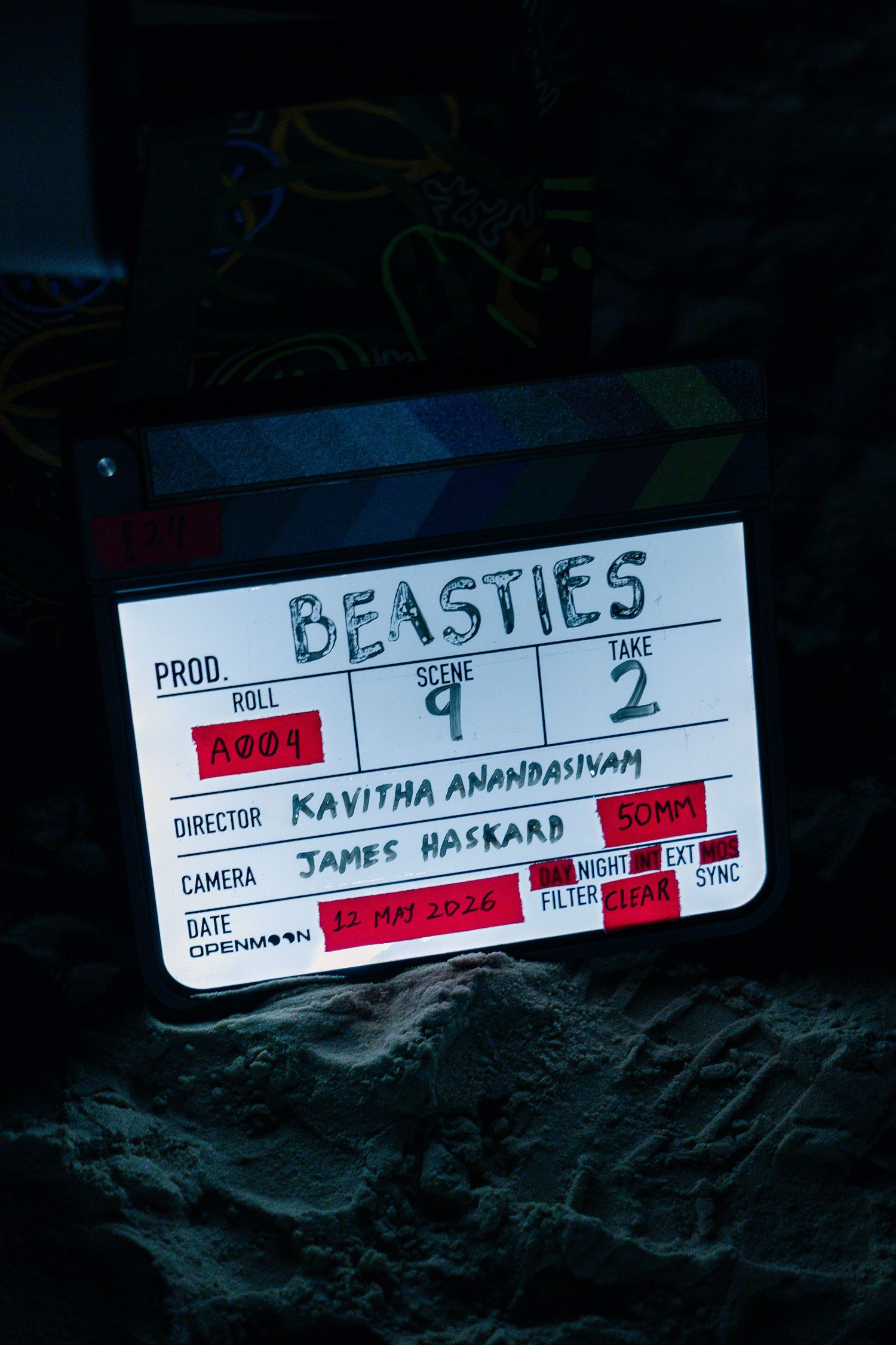 Beasties film clapperboard showing director Kavitha Anandasivam and camera operator James Haskard.