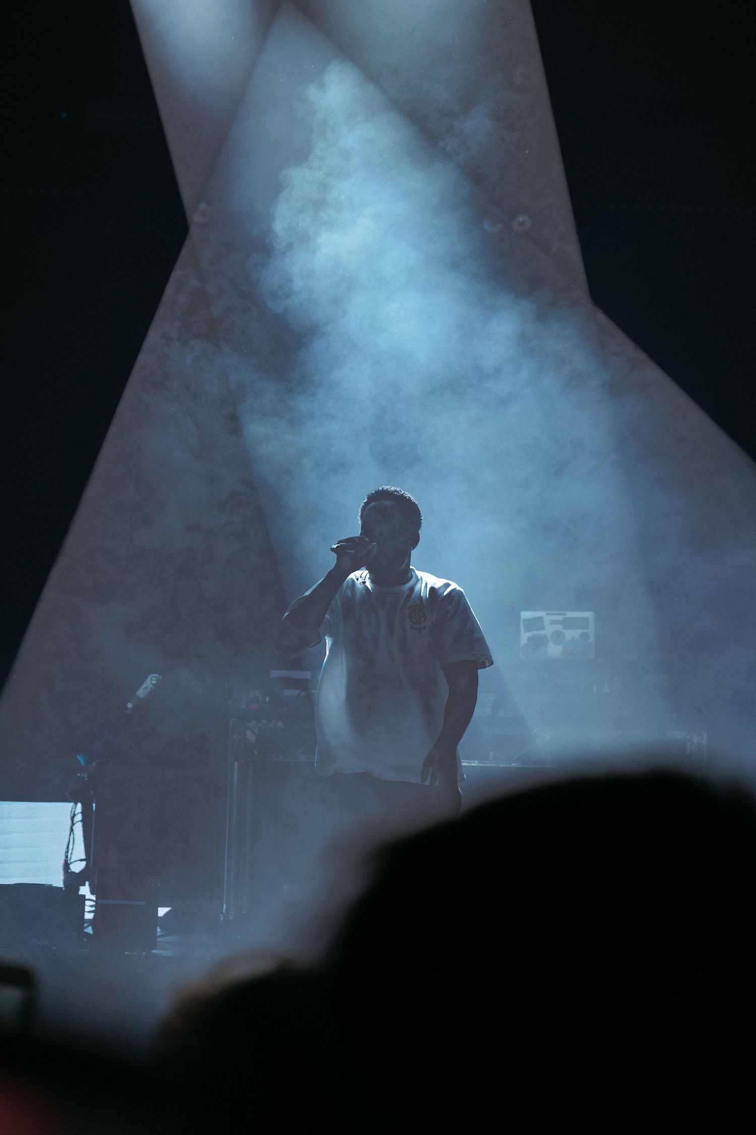 Silhouetted performer singing on stage with dramatic blue smoke and spotlights at a live concert.