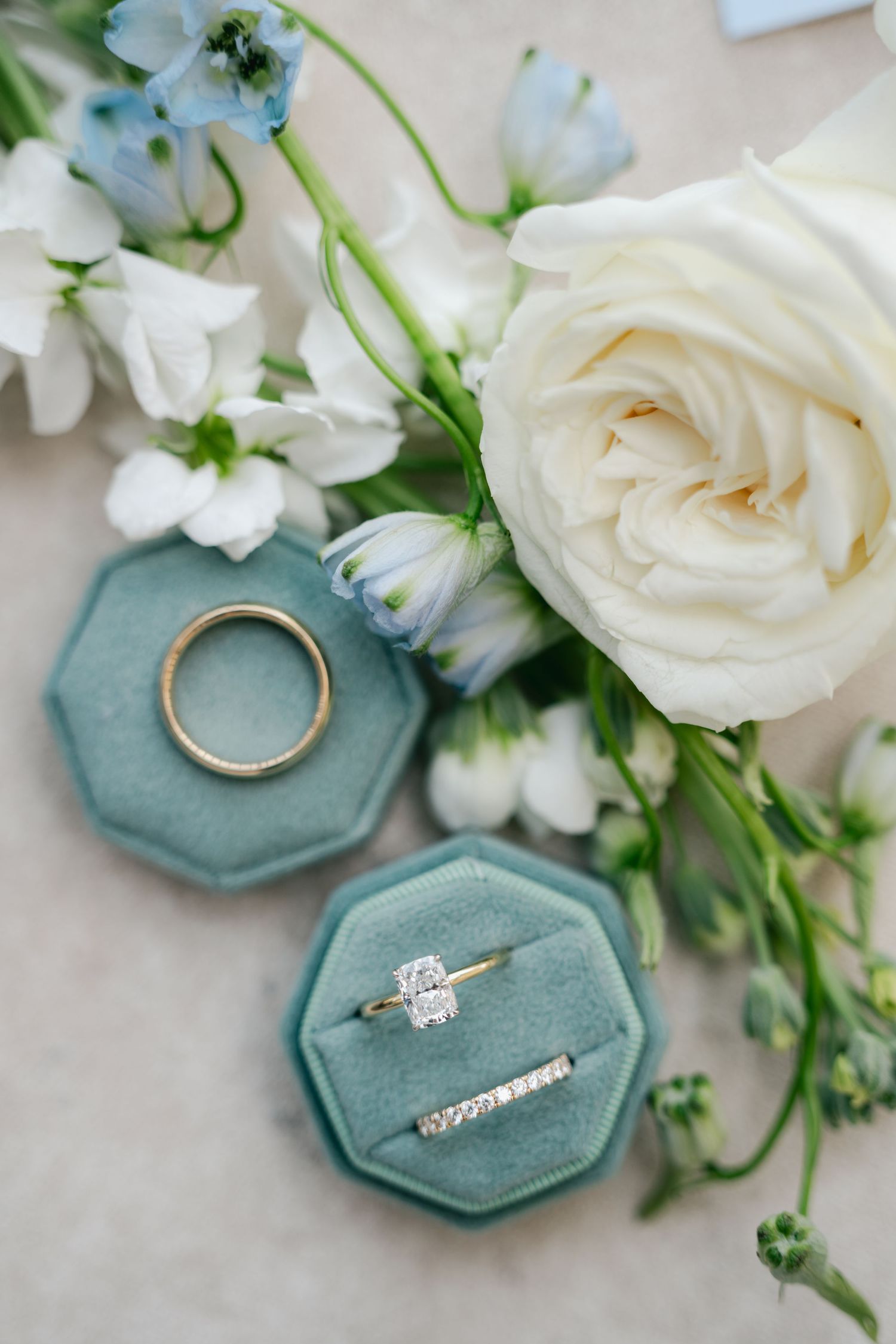 Elegant wedding rings in teal velvet boxes surrounded by white roses and blue flowers on a neutral background.