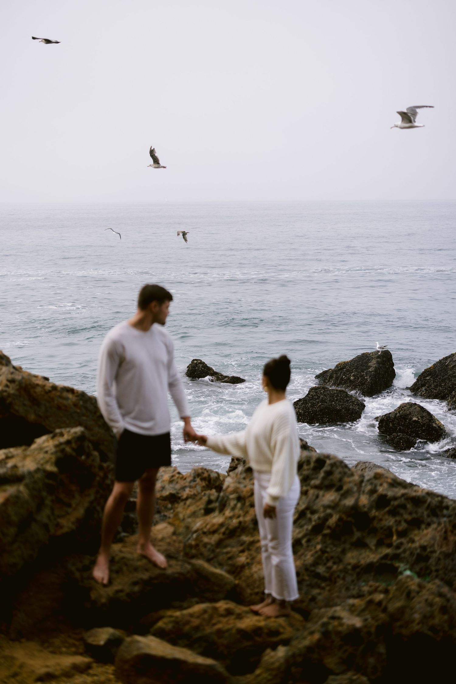 Couple holding hands on rocky shoreline with seagulls flying over ocean waves.
