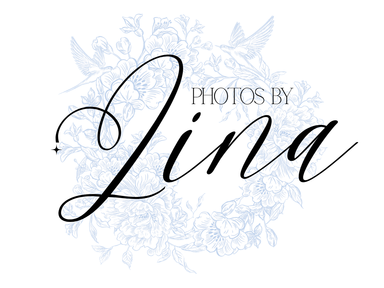 Photos by Lina elegant photography logo with floral and hummingbird design in soft blue tones.