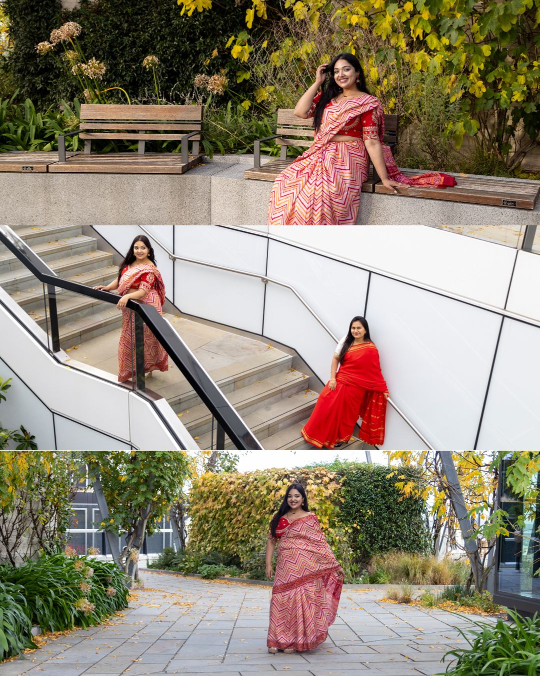 Woman in red printed saree posing outdoors in London including garden, staircase, and tree-lined pathway.