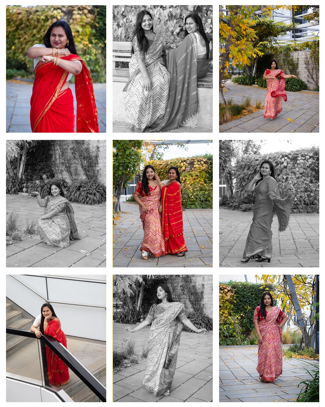 A collage of nine photos featuring women in elegant red and gray sarees posing outdoors in various settings.