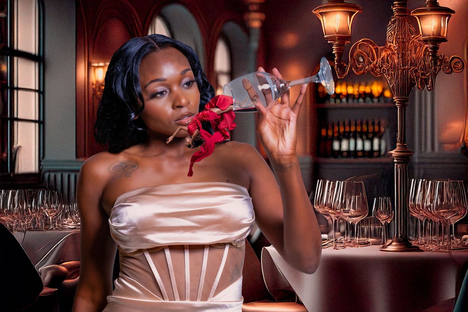 Elegant woman in satin dress holding a wine glass with red rose in a luxurious restaurant setting.