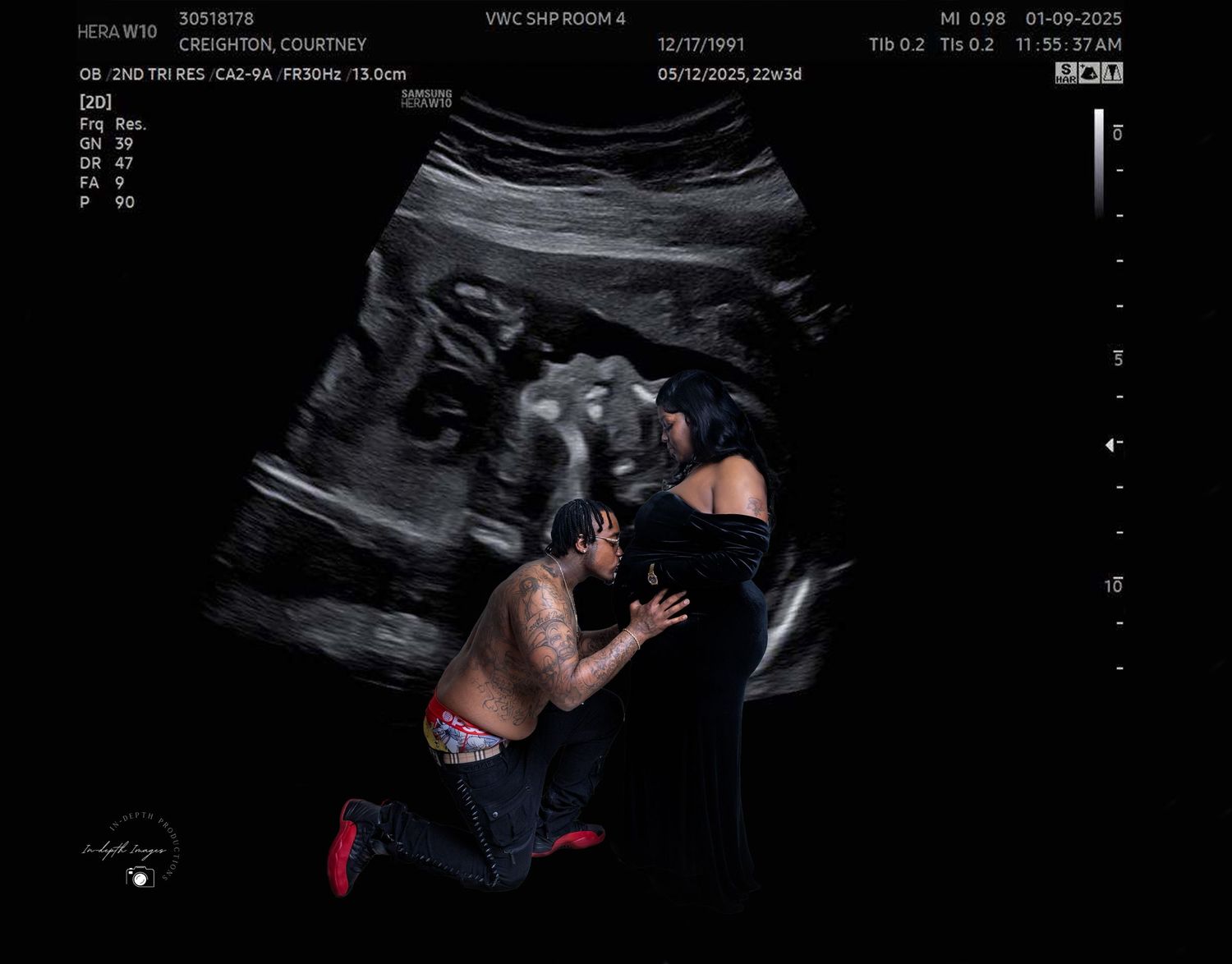 Creative maternity photo compositing couple with ultrasound sonogram image overlay.