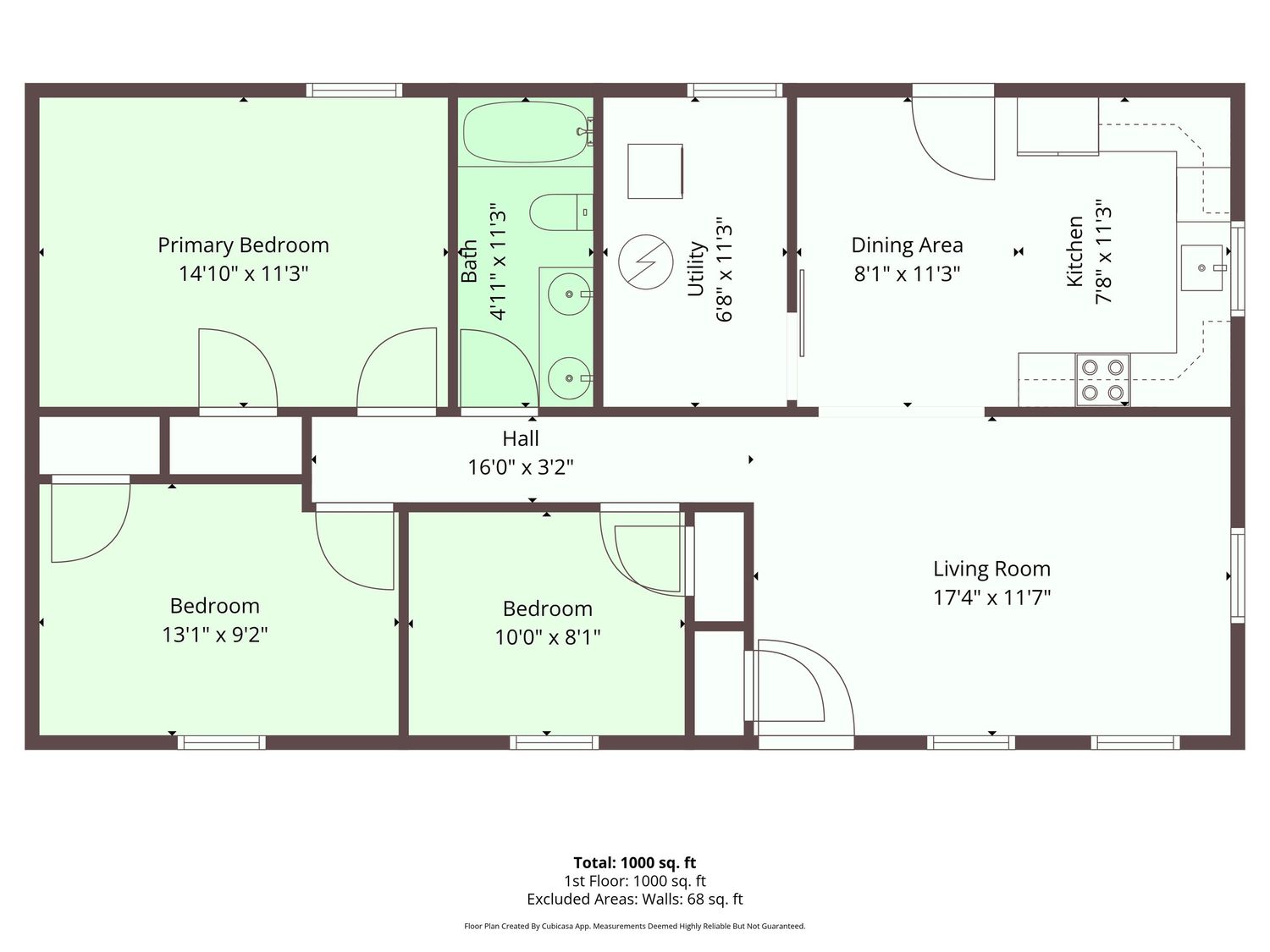Floor plan of a 1000 sq ft 3-bedroom home with primary bedroom, dining area, living room, hall, and two additional bedrooms.