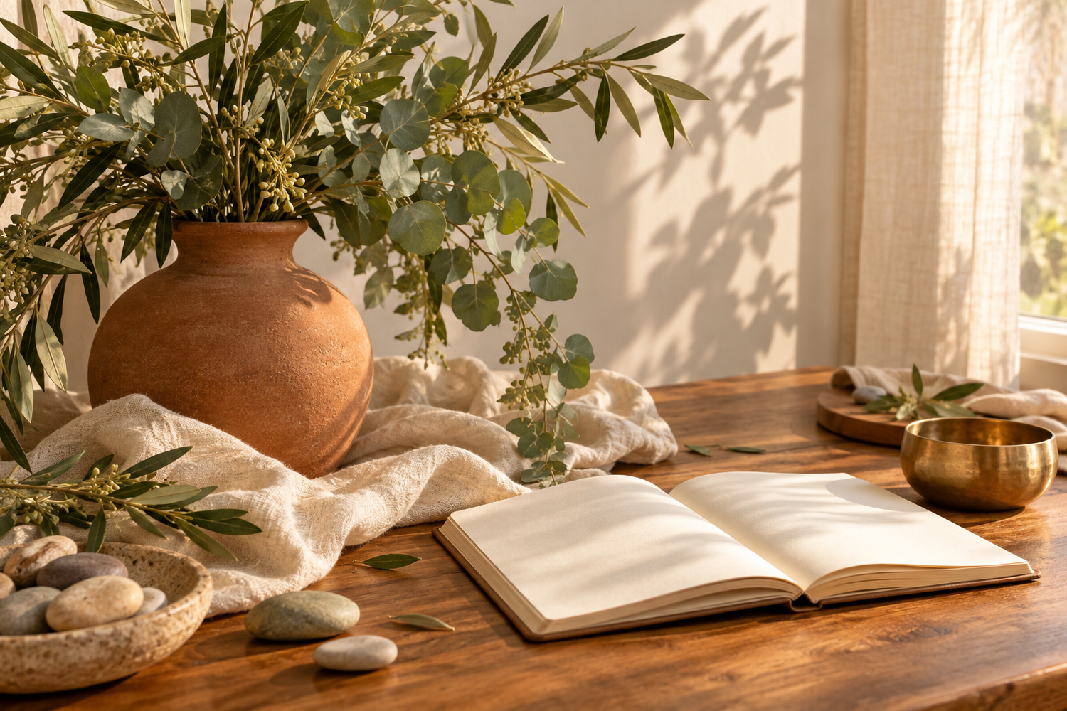 An open book on a wooden table with a terracotta vase, eucalyptus branches, stones, and a golden bowl in warm light.