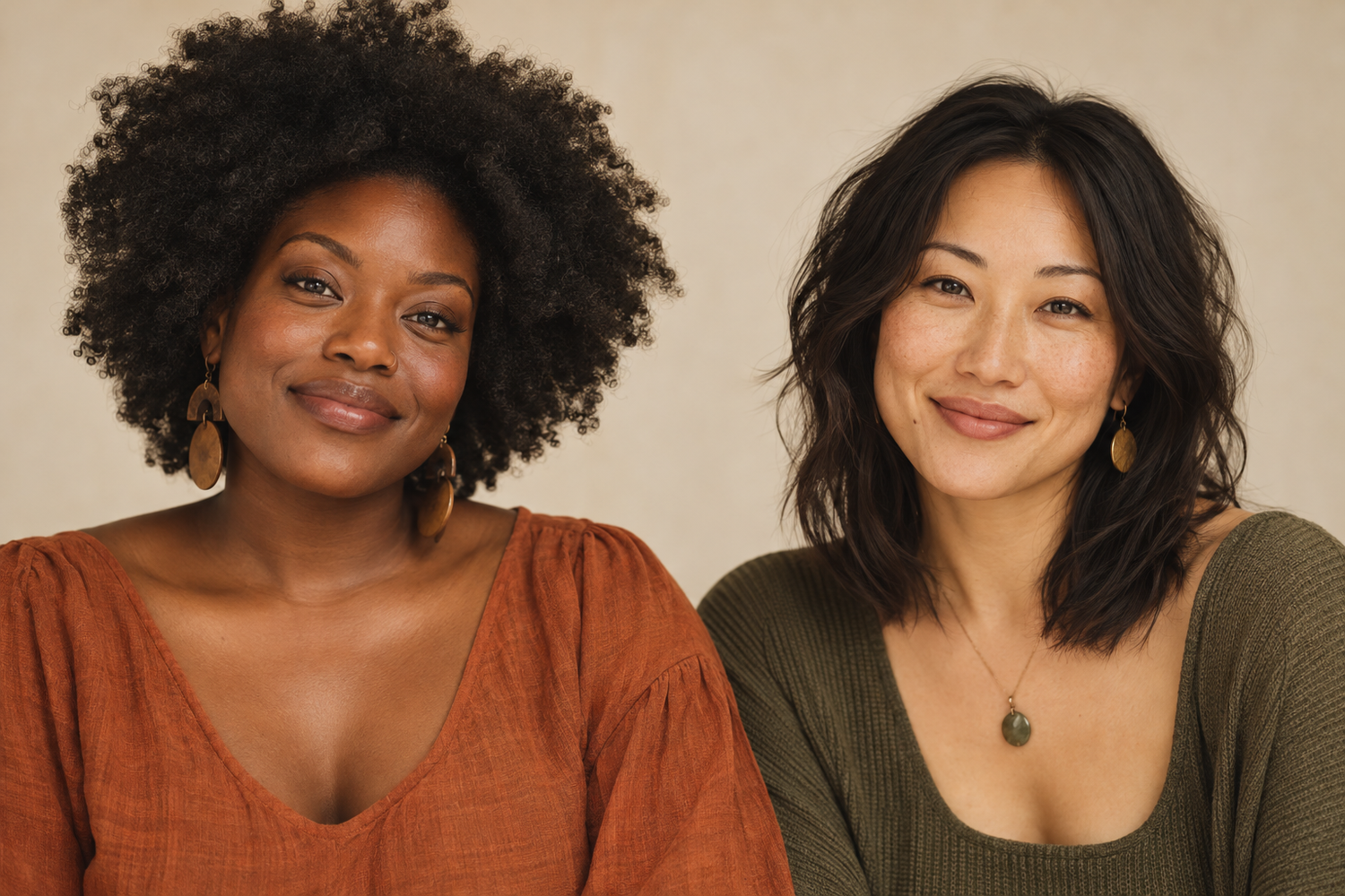 Two women, one with natural afro hair and one with dark wavy hair, smile warmly together against a neutral background.