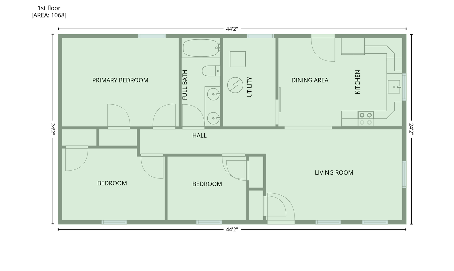 First floor plan showing primary bedroom, two bedrooms, hall, dining area, kitchen, and living room in a 1068 sq ft home.