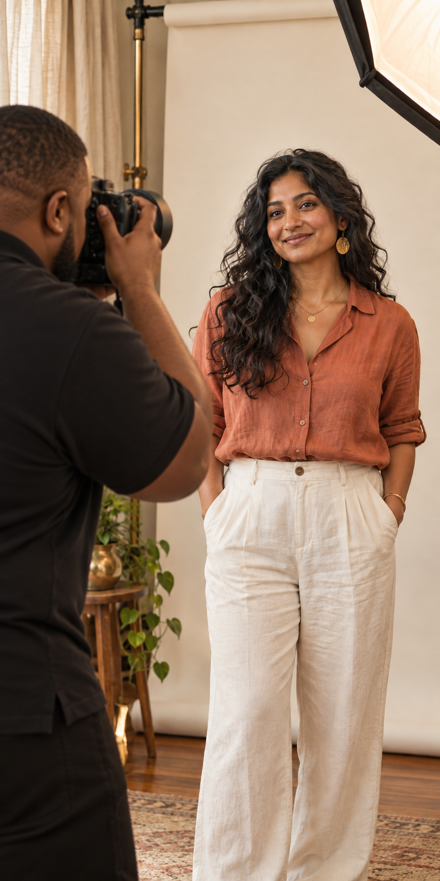 A photographer captures a smiling woman in a rust blouse and white wide-leg pants during an indoor studio photoshoot.