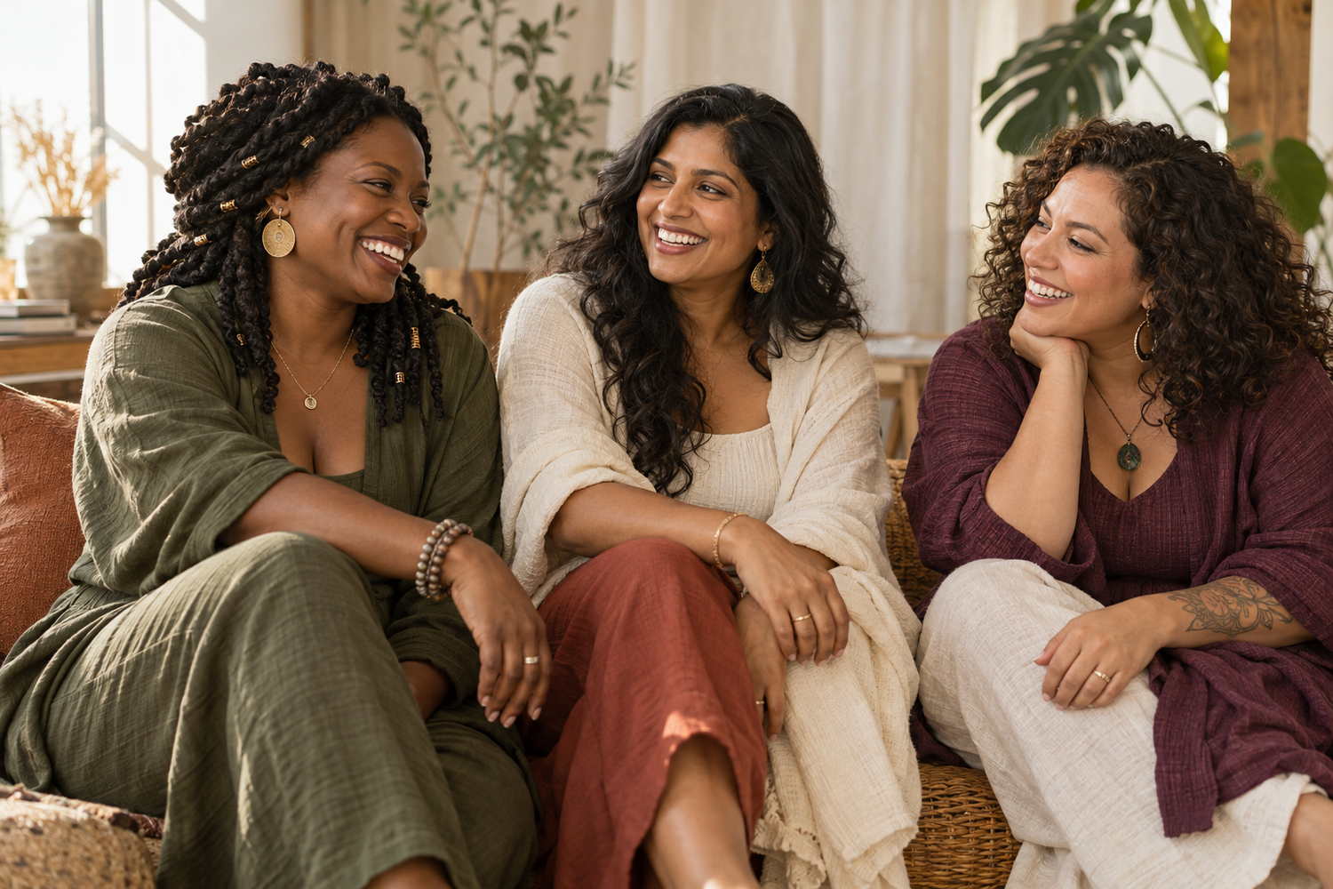 Three diverse women laughing and bonding together while sitting in a cozy, warmly decorated living room.