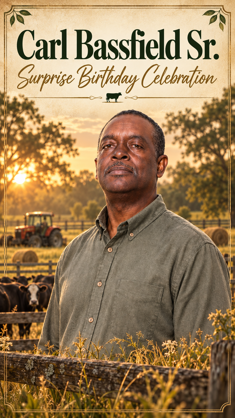 Surprise birthday celebration poster for Carl Bassfield Sr. showing a man in a green shirt on a farm with cattle, a tractor and sunset.