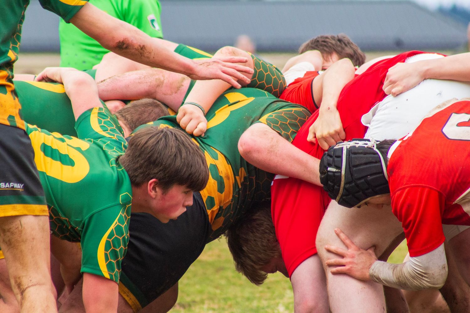 Rugby players in green and red jerseys engage in an intense scrum during a competitive match on a grass field.