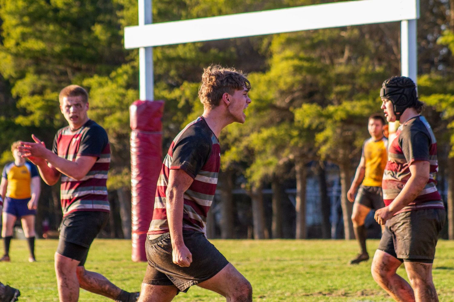 Young rugby players compete on a grass field with goalposts visible during an outdoor match in warm afternoon light.