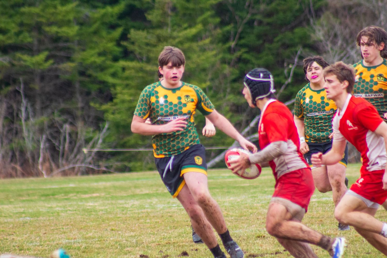Rugby players compete on a grass field, one player in green and yellow jersey carries the ball while red-jerseyyed opponents defend.