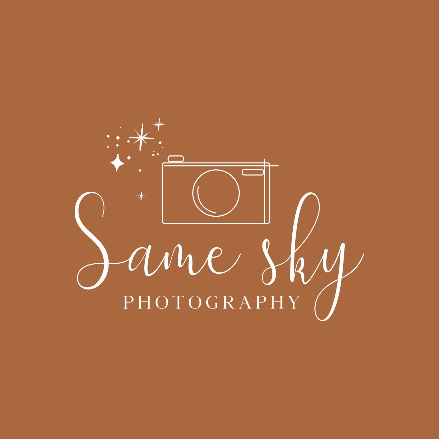 Same Sky Photography logo featuring white script text and camera illustration with sparkles on warm brown background.