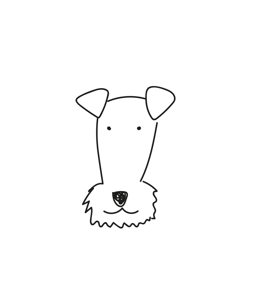 Minimalist black and white line art illustration of a terrier dog face with beard and small folded ears.