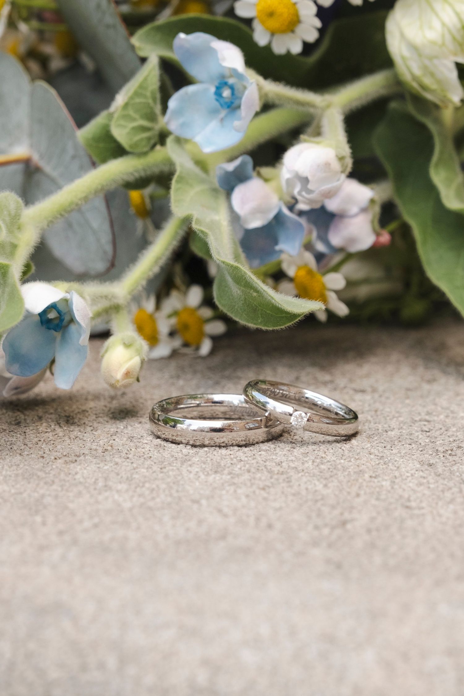 Two silver wedding rings placed beside delicate blue forget-me-nots and white daisy flowers.
