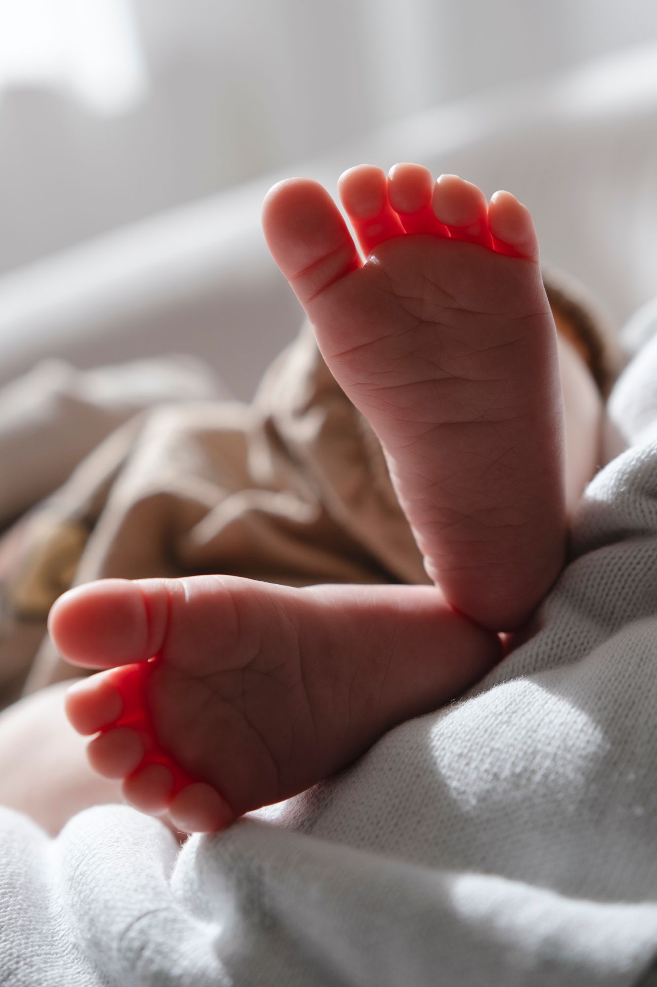 Newborn baby feet glowing in warm sunlight against a soft white and beige blanket.