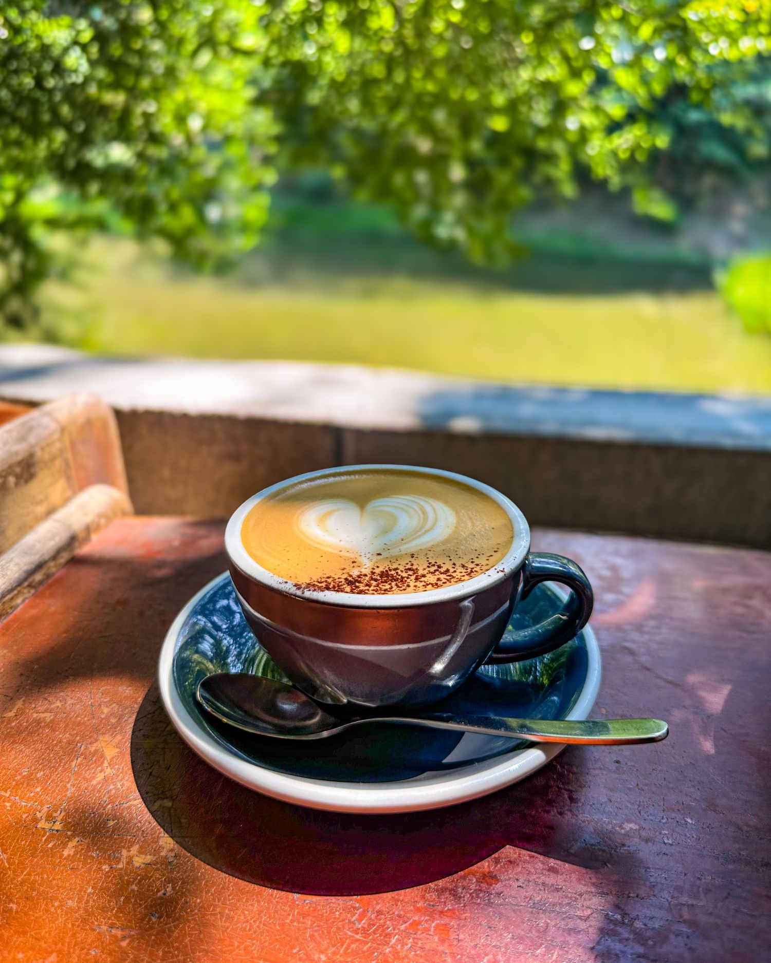 Coffee, cup, and saucer overlooking a pond at Vermillion Cafe near Fushimi Inari Shrine in Kyoto, Japan