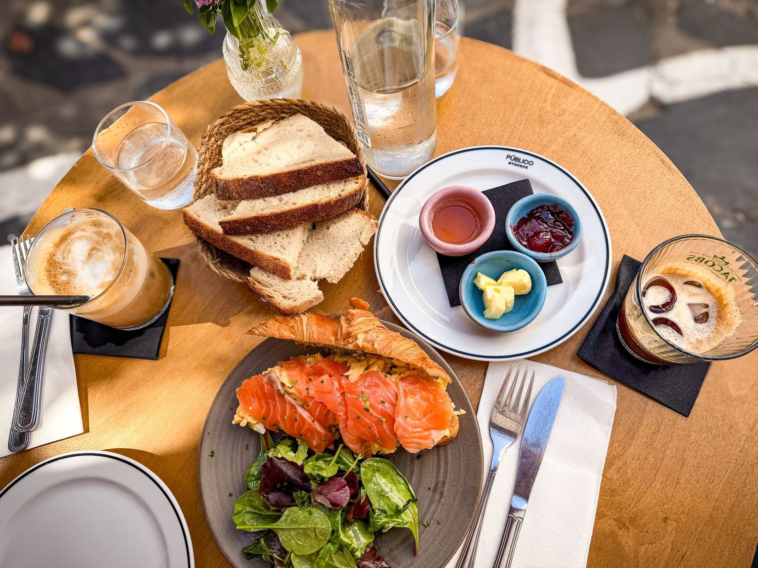 Brunch spread served at Mykonos Brunch Club in Mykonos Town, Greece
