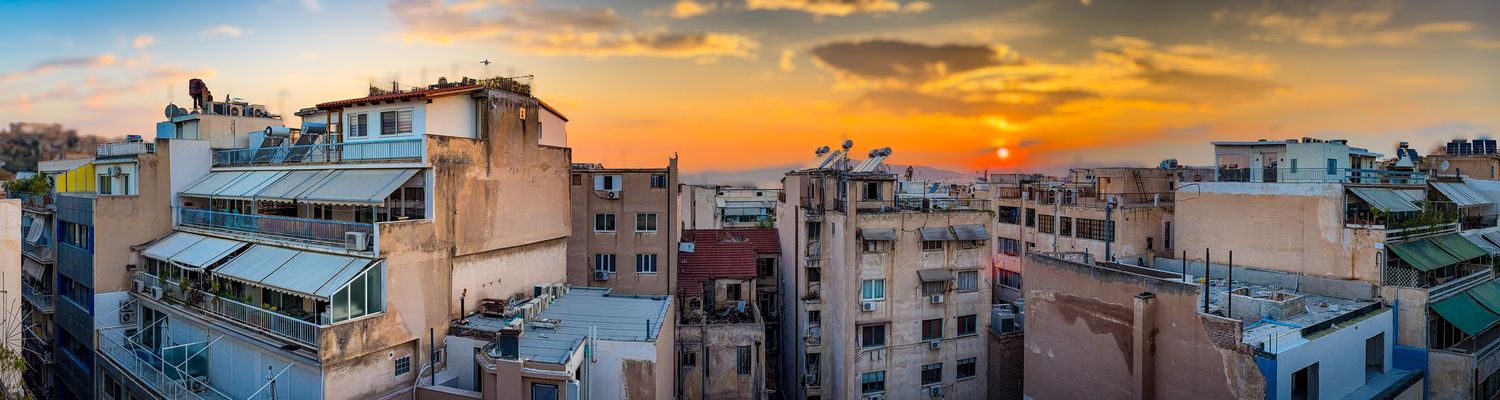 Panoramic view of weathered buildings in the Psyri neighborhood of Athens, Greece