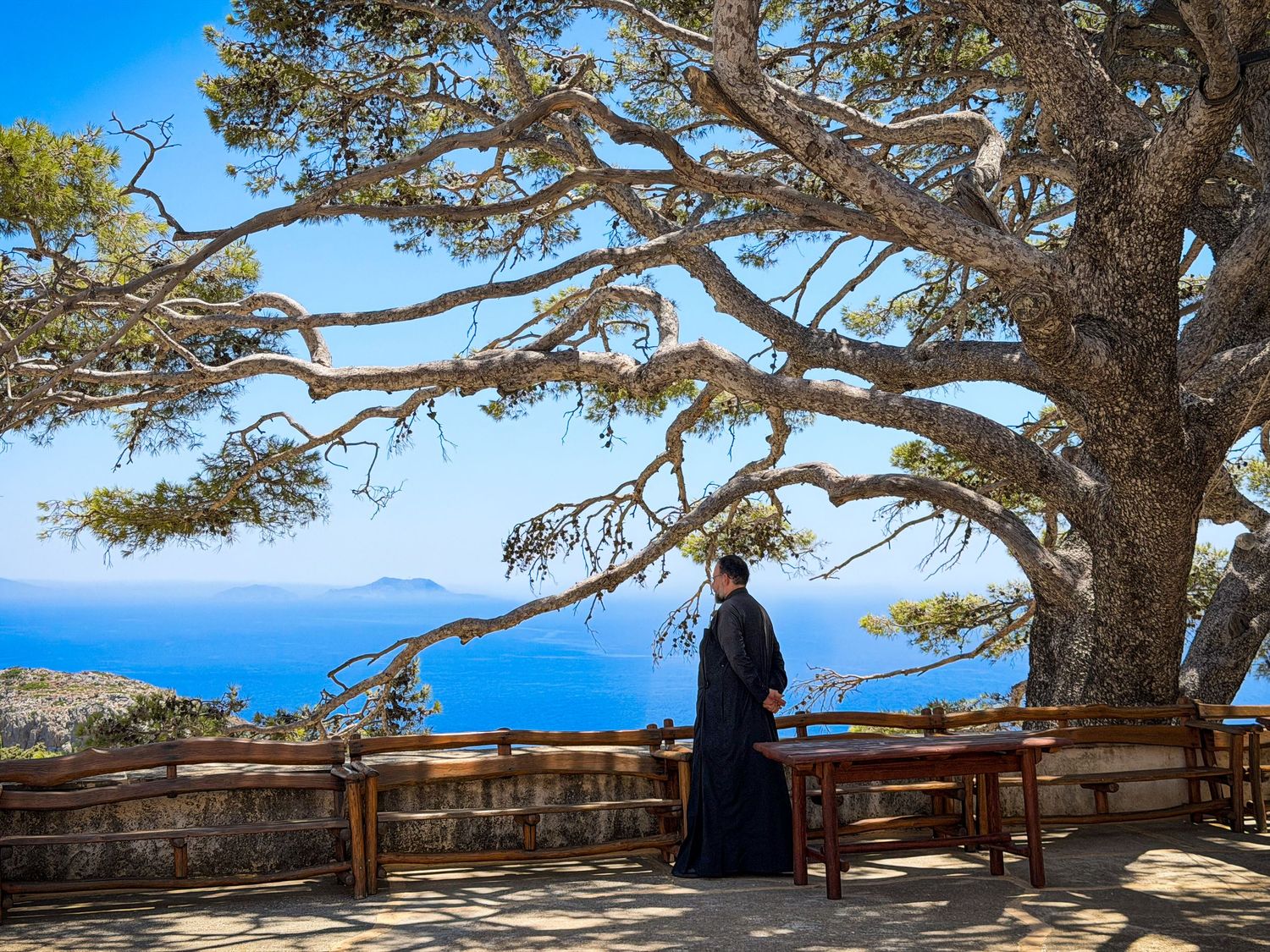 Priest standing beneath a pine tree at the Holy Monastery of Preveli overlooking the Libyan Sea in Crete, Greece
