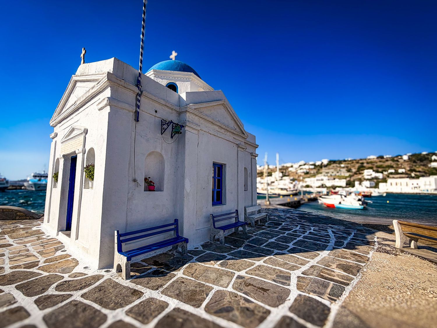 Agios Nikolaus Church beside the Old Port in Mykonos Town, Greece