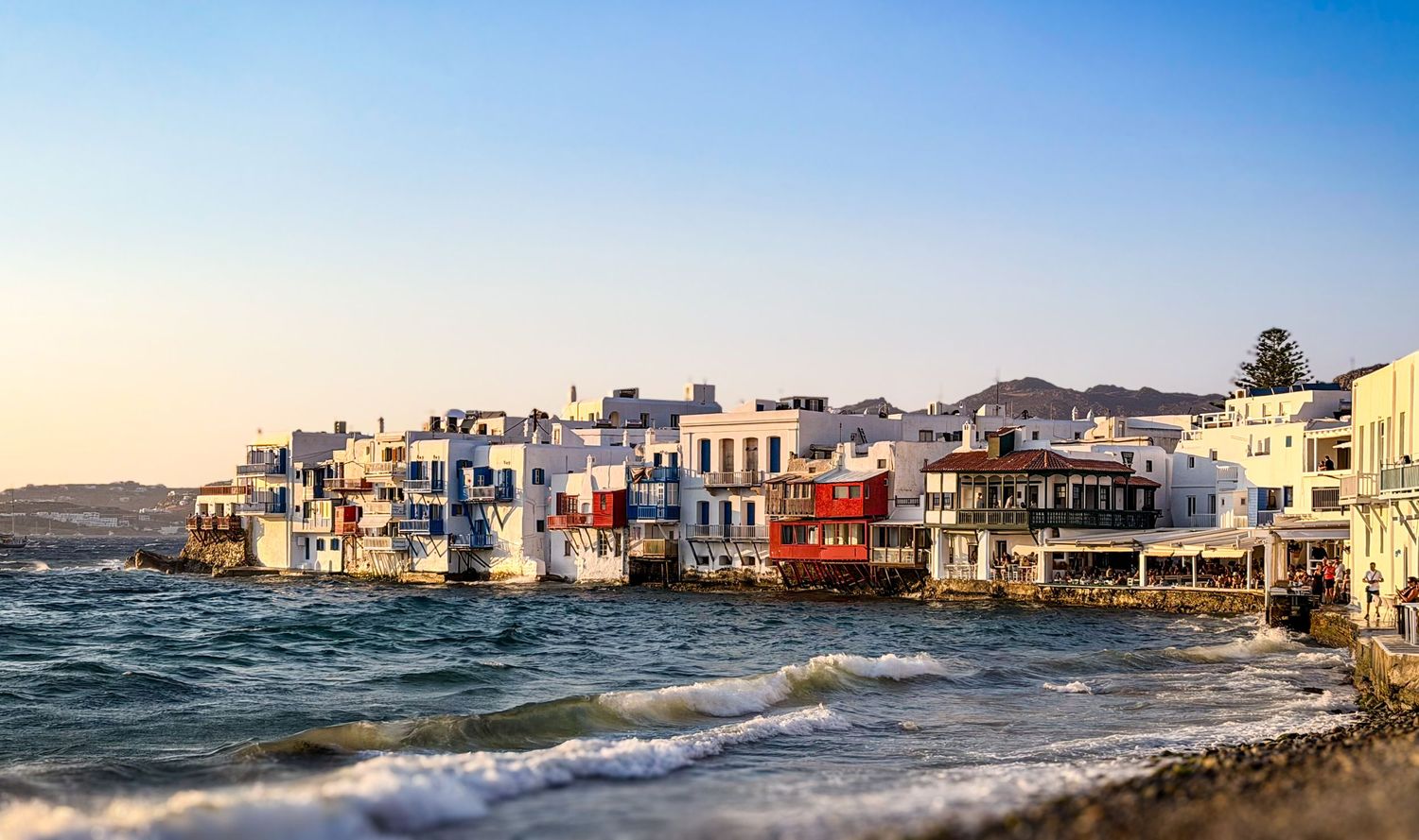 Close landscape view of Little Venice along the waterfront in Mykonos Town, Greece