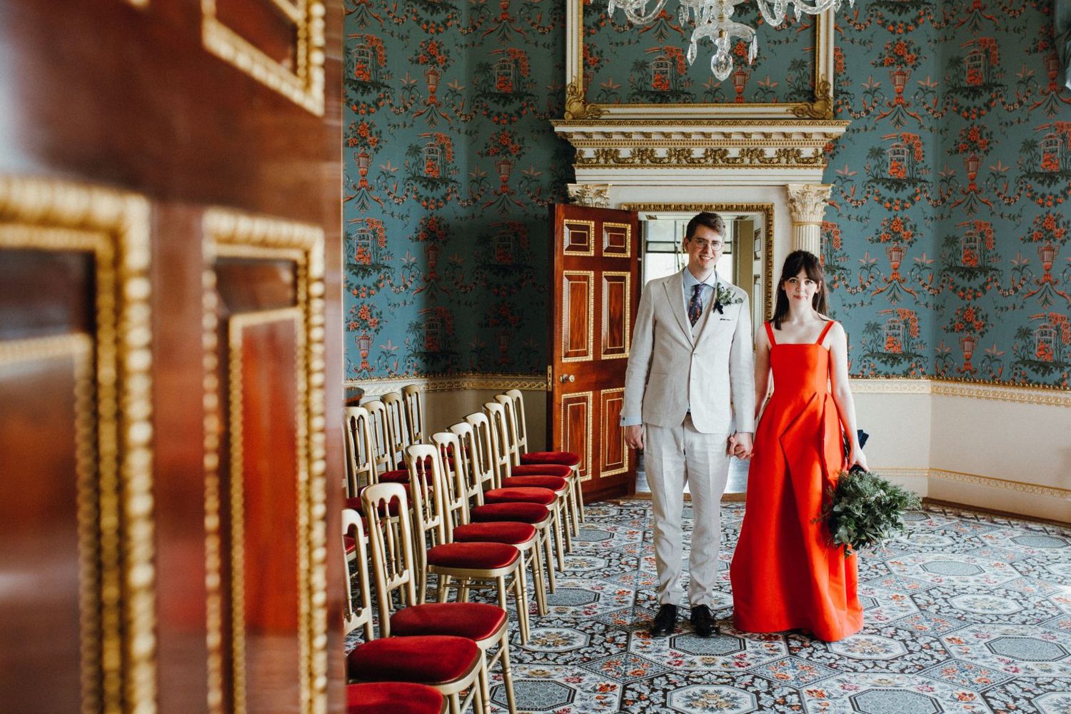 Bride in a red dress at London wedding
